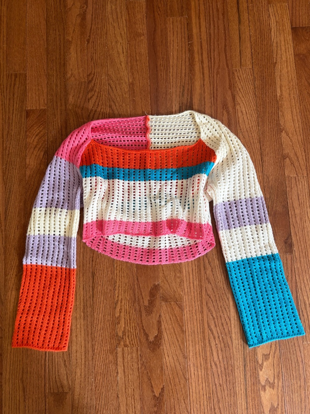 Striped Crochet Open-Knit Cropped Colorful Multicolor Long Sleeve Sweater